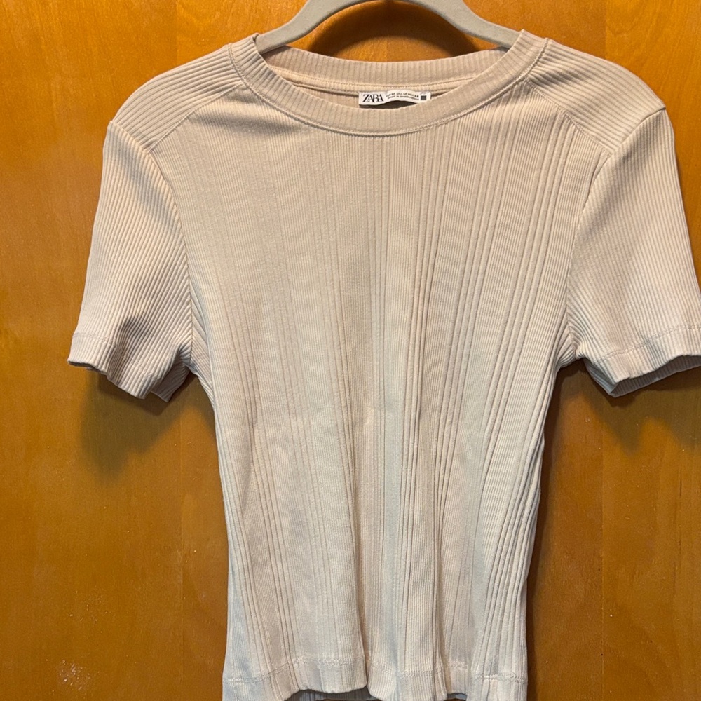 Zara Light Beige Ribbed Short Sleeve Top